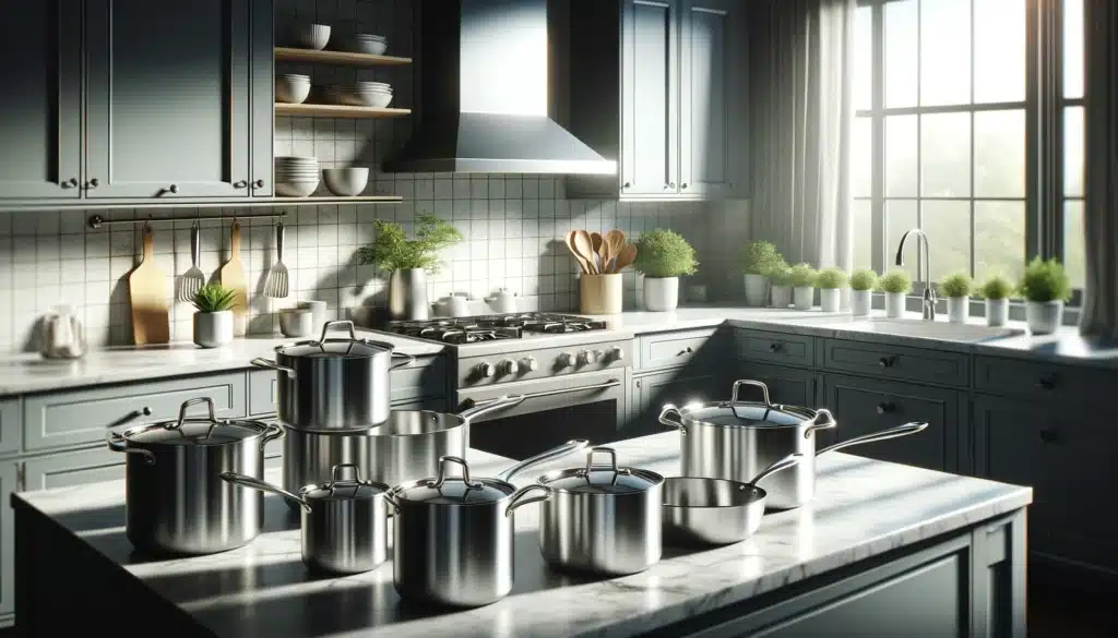 A sleek kitchen with sunlight highlighting aluminum cookware on a marble countertop.