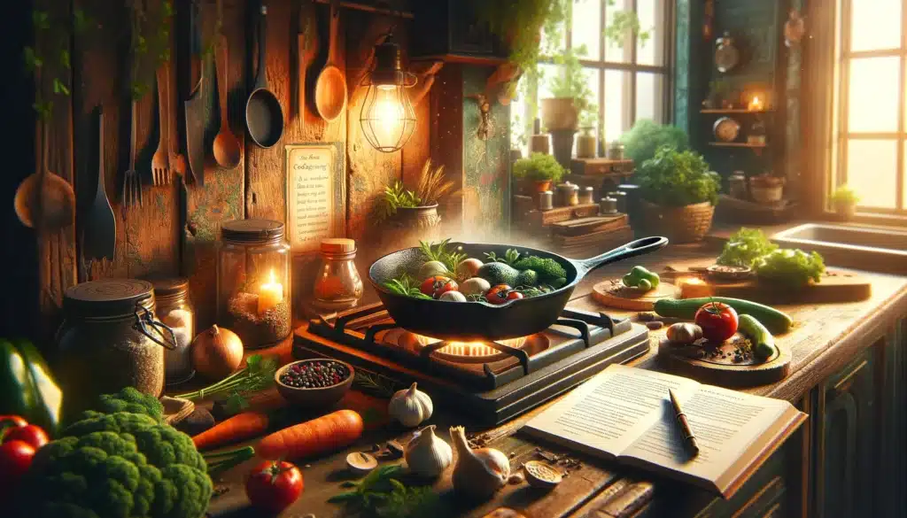 A rustic kitchen with a cast iron pan on a stove, surrounded by fresh vegetables and a cookbook.