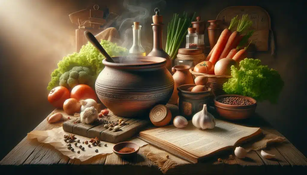 A clay pot on a table with vegetables, spices, and an open recipe book.