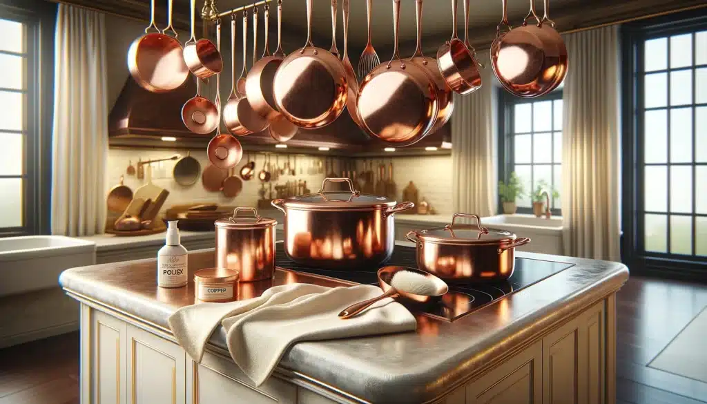 realistic image of a kitchen scene featuring copper cookware. There should be a variety of copper pots and pans hanging above a kitchen