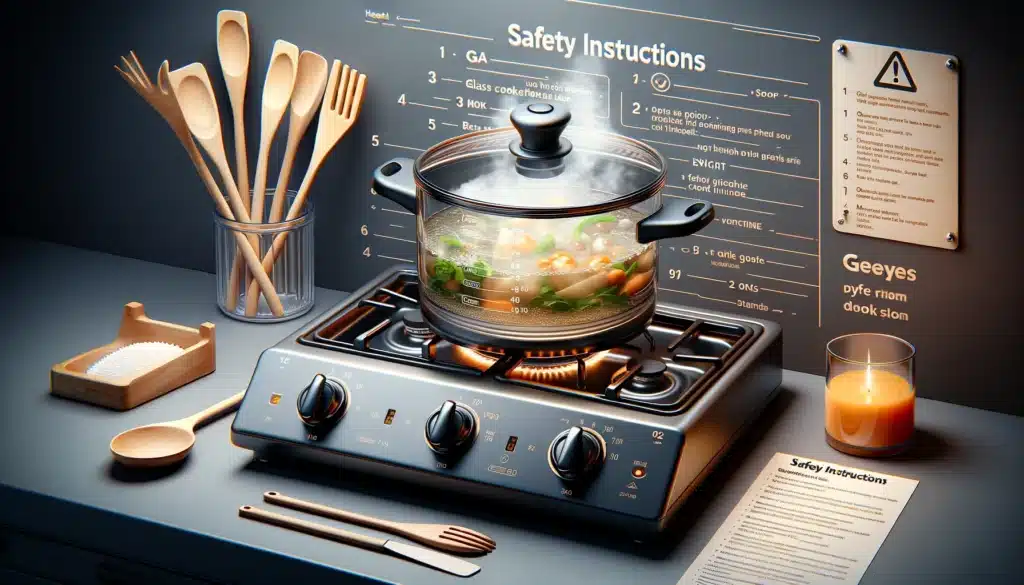 A glass pot on a stove with safety instructions and cooking utensils.