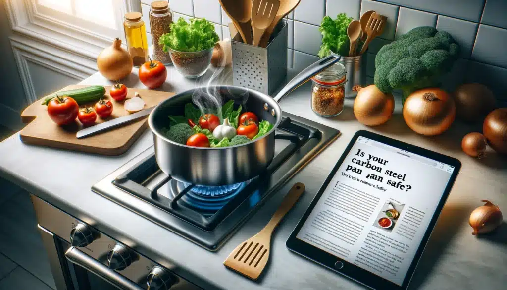 A carbon steel pan on a stove, vegetables ready for cooking, and an article about pan safety.