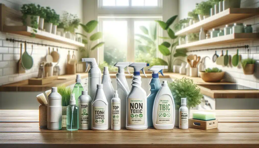 Eco-friendly cleaning products on a kitchen counter with plants in the background.