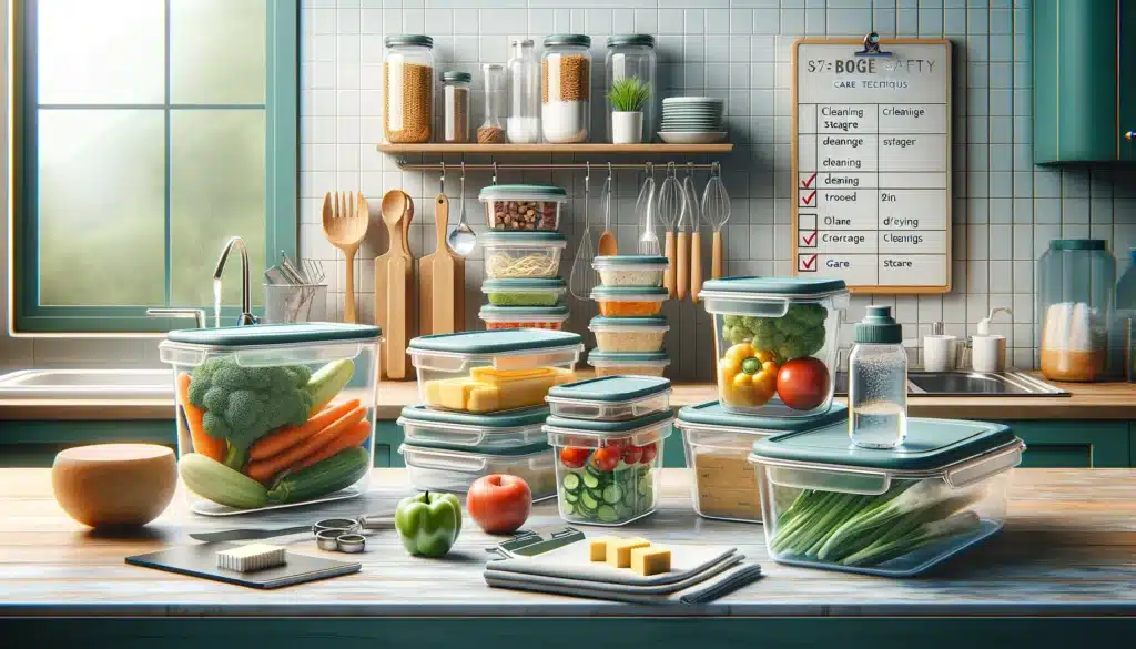 A kitchen with various food containers, checklist on safety, and fresh produce.