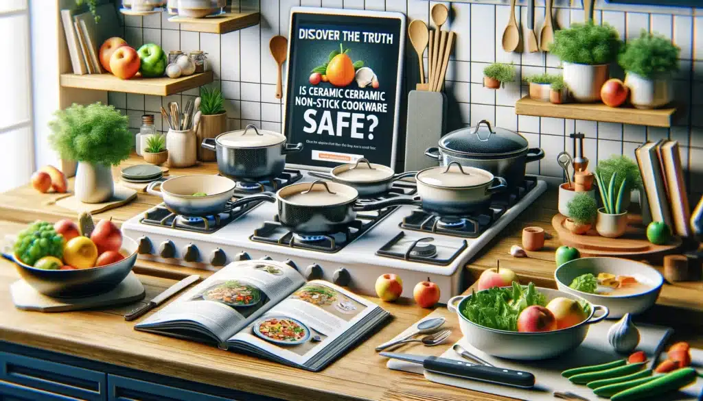 A kitchen with ceramic cookware, fresh produce, and a safety guide on a tablet.