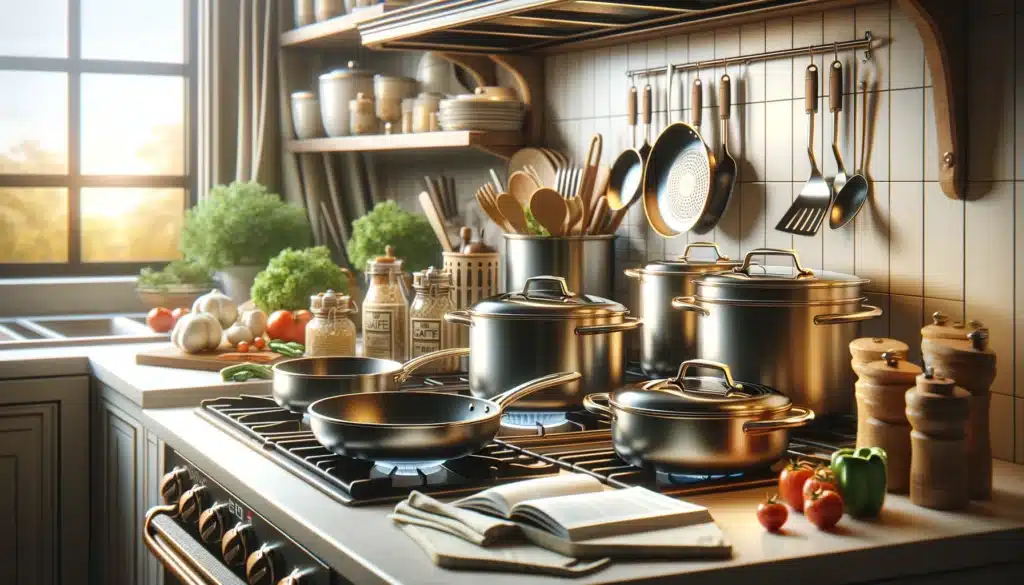 Enameled cookware on a stove, with fresh ingredients and a safety guidebook in a bright kitchen.