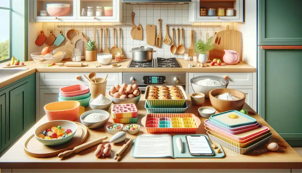 A kitchen counter with colorful silicone bakeware, fresh ingredients, and a recipe guide.