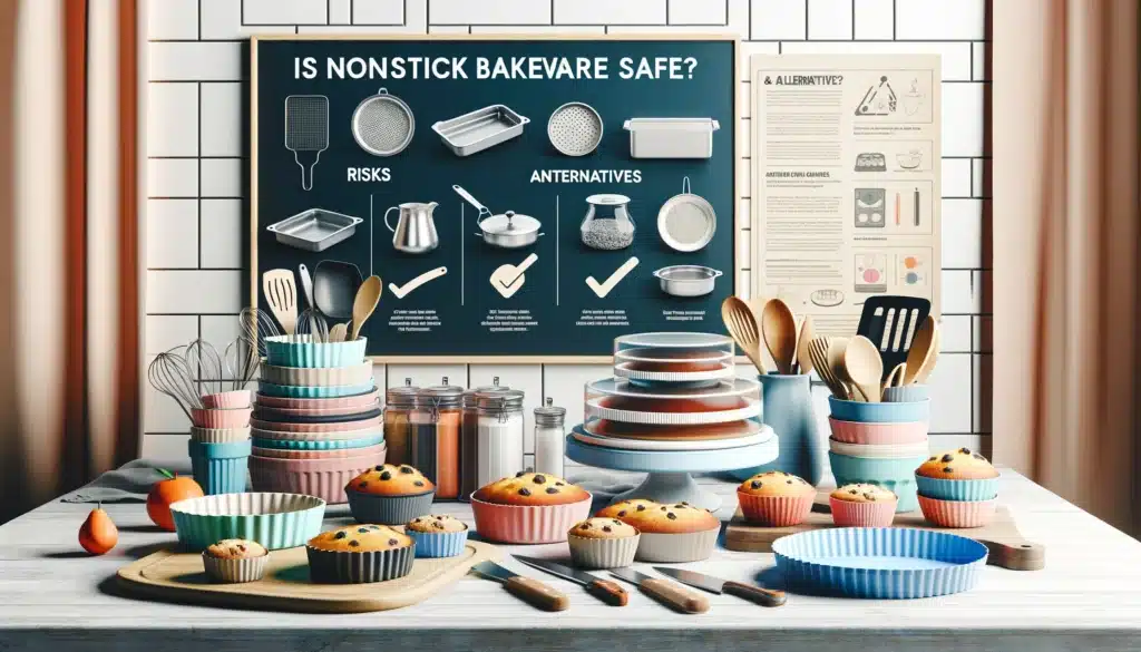 Nonstick bakeware on display with an informative safety poster in the background.