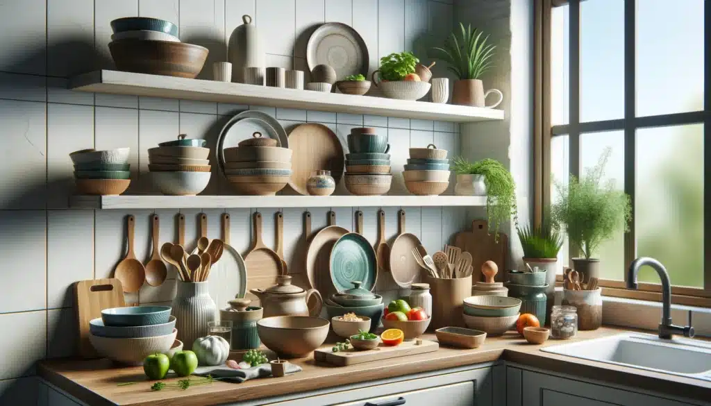 Assorted safe kitchen dishes displayed on shelves with plants and fresh food.